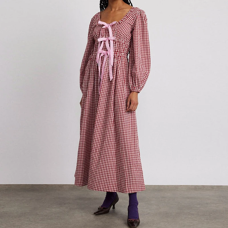 Women's 2024 Summer Boho Square Neck Front Bow Midi Dress Lady Vintage Puff Long Sleeve Plaid Ruffle Backless Maxi Dress