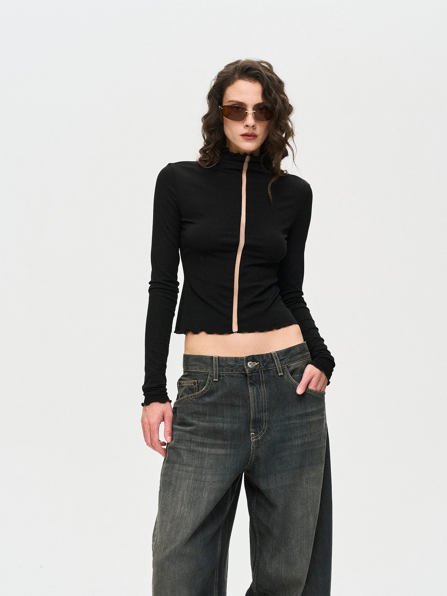 a Kind Ego Autumn New Style Visual Ambiguity Slim Fit Patchwork Mesh Top Atmosphere Sense Dark  Glow Long Sleeve T-Shirt