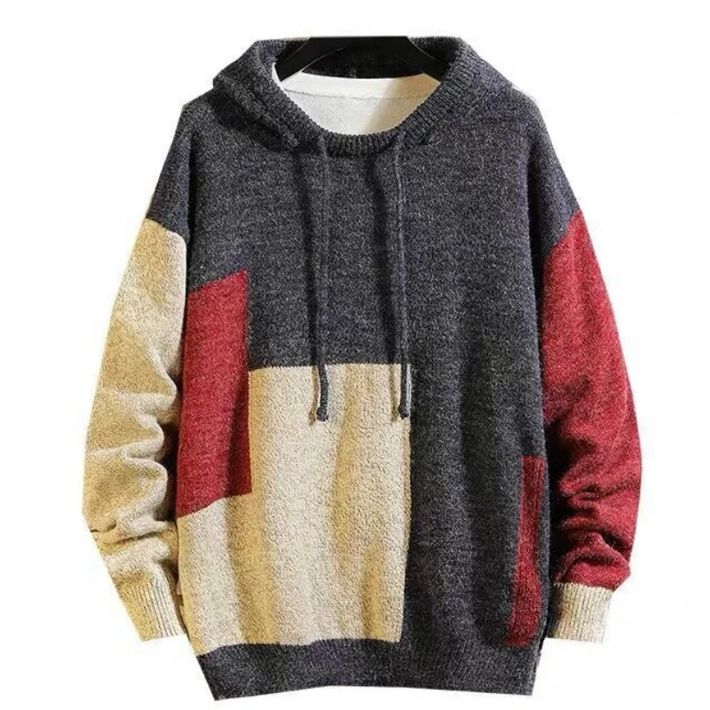 Autumn Winter Coat Hooded Sweater Knit Pullover Men's Clothing Japanese Retro Tops Patchwork Jacket Korean Loose Streetwear New