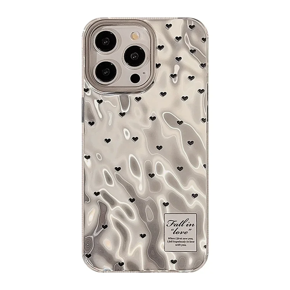 Coque de téléphone antichoc en argent avec petit cœur, style coréen, coque en poly, ondulation de l'eau, iPhone 15 14 12 13 11 Pro ProMax Plus X