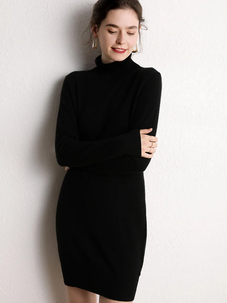 جديد الخريف الشتاء الياقة المدورة المرأة 100% سترة الكشمير المعنقة موضة أنيقة لينة الدافئة مريحة محبوك سليم صالح فستان الكشمير