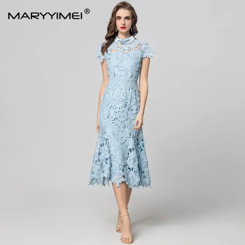 

MARYYIMEI Fashion Spring Women's dress Short sleeved Stand collar Chic Lace Hollow Out Summer Elegant Party Dresses