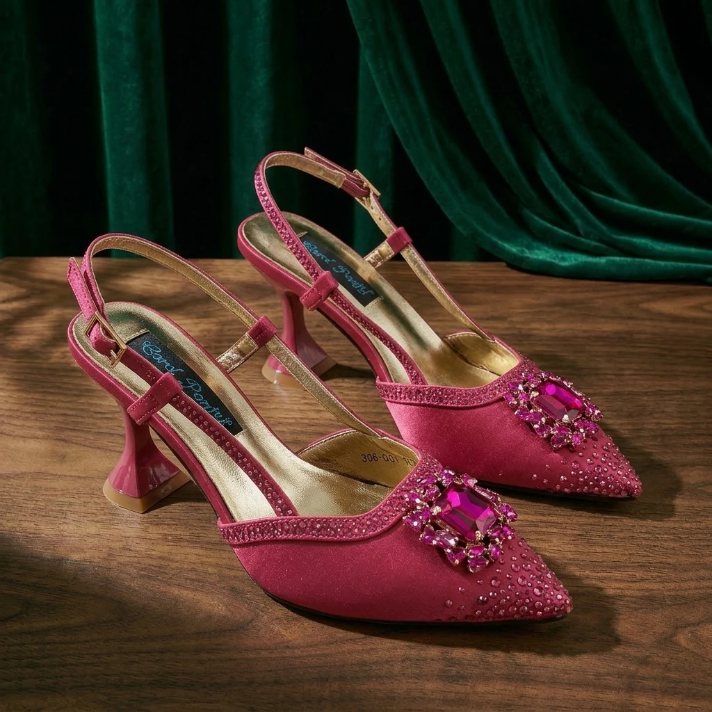 Women Hot sale Satin Pointed Pumps Large Fuchsia Gem Ornament Rhinestone For Bridal Luxury Matching Shoes Heels and Bag Set