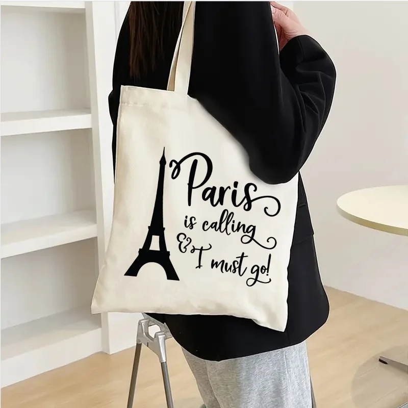 Aesthetic Paris Letter Print Canvas Tote Bag Women French Style Shoulder Bag Fashion Graphic Shopper Bag Casual Handbag