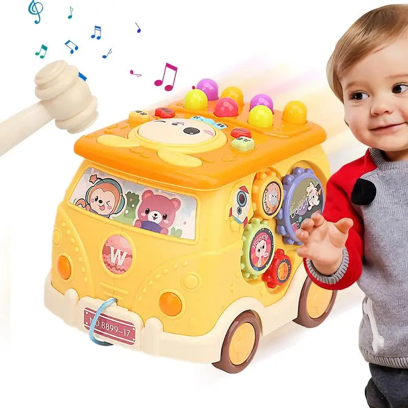 Toddler Educational Car Toys Activity Bus Toy Pounding Game Cartoon Bus Educational Toys With Light & Music For Boys Girls Kid