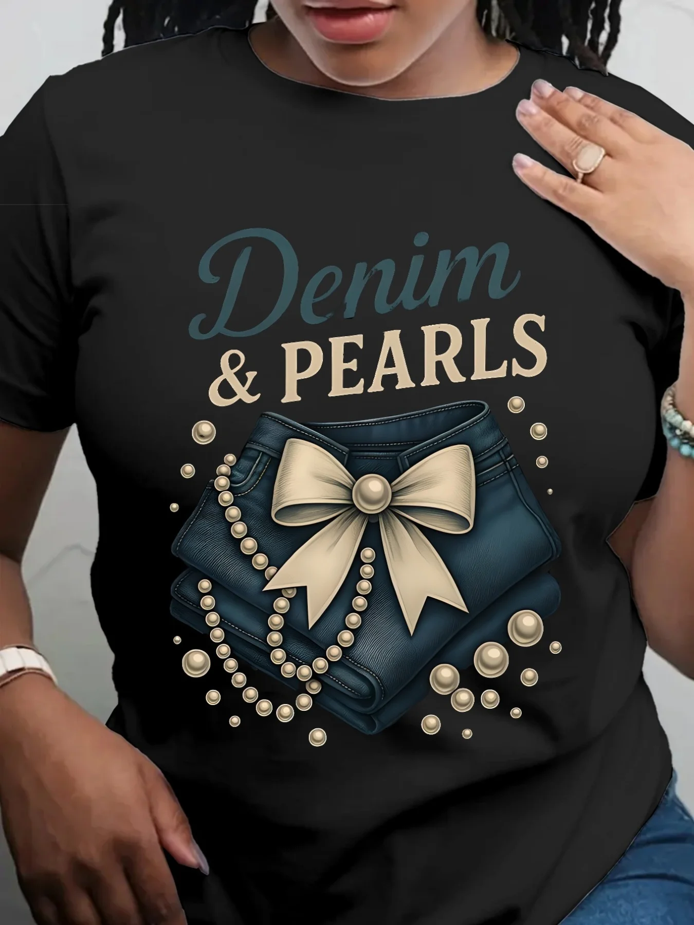 

Women's White Denim & Pearl Graphic T-Shirt Casual Chic Top with Drop Shoulder Sleeves Everyday & Party Shirt Machine Wash