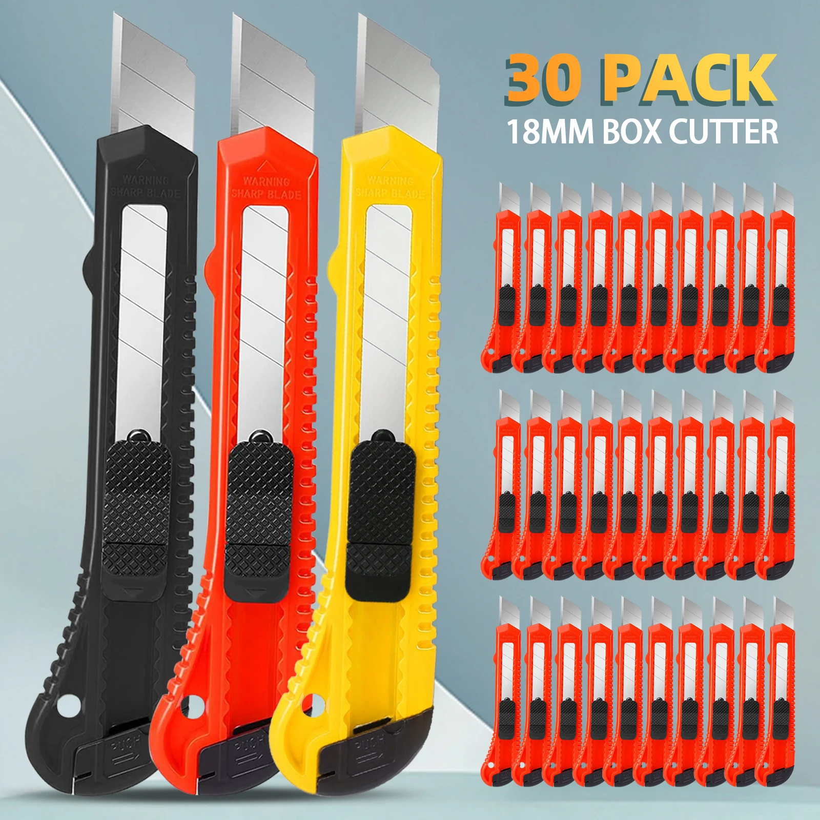 30 Pack Box Cutter Retractable, 18mm Box Knife, Utility Knife Retractable with Snap Off Blade, Automatic Retractable Knife