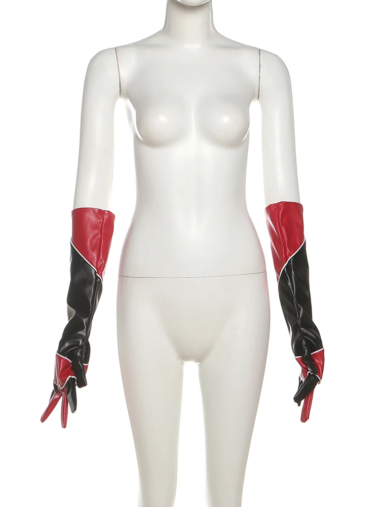 Raar Poes Patchwork Hipster 2 Stuk Vrouwen Kunstleer Lange Handschoenen + Lage Hals Zip Skinny Body Sexy Muziek festival Streetwear