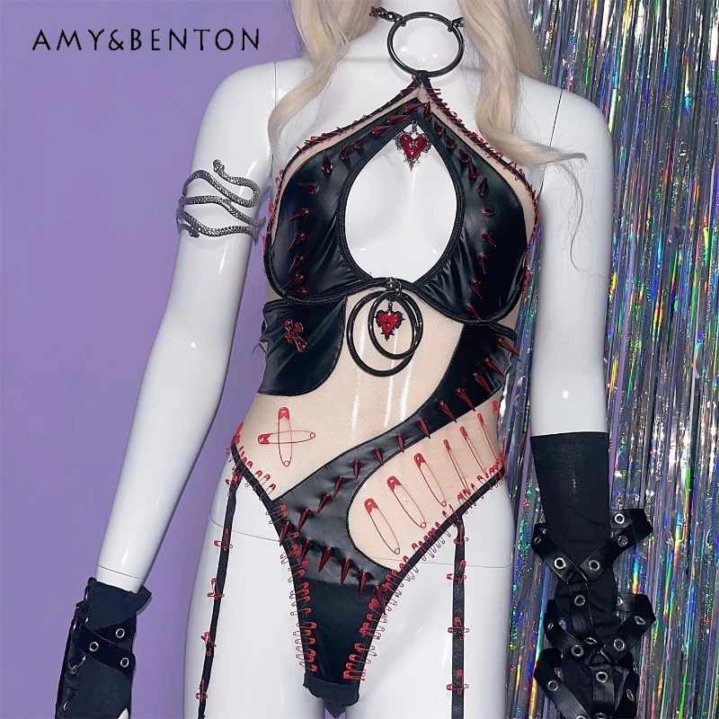 

European American Design Punk Sexy Hollow Out Women's Jumpsuit Gothic Dark Hairy Edge Embroidered Skirt Two-Piece Set Ladies