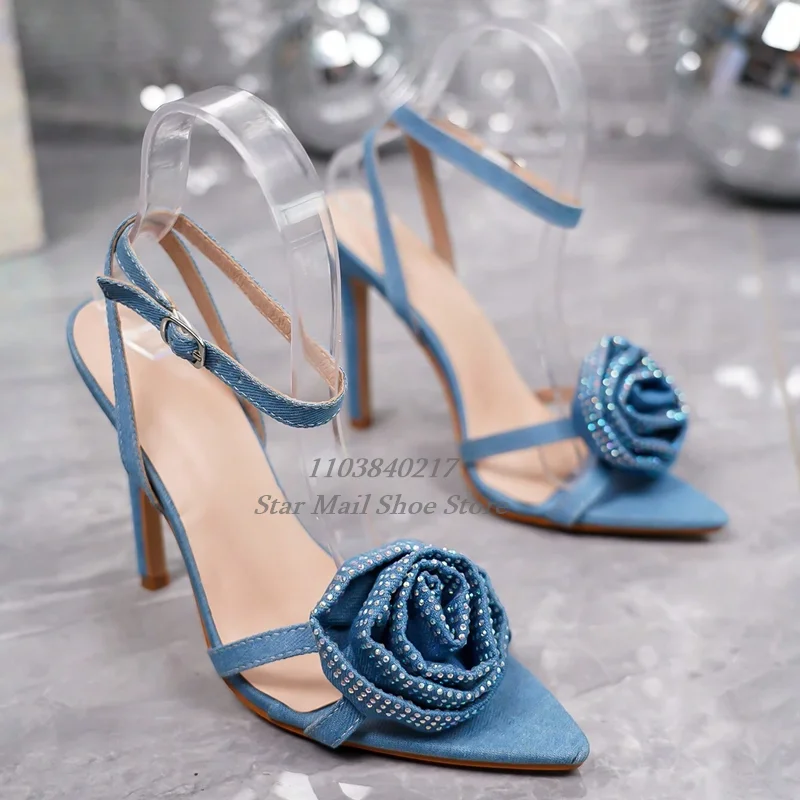 

Women's Pointed Toe Large Flower Crystal Diamond Decorated Stiletto Sandal Denim Textile Fabric Sexy Peep Toe Party Dress Sandal