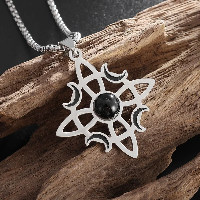 Celtic Knot Moon Pendant Stainless Steel Natural Stone Witchcraft Witch Amulet Chain Necklace Women\'s Irish Jewelry Gifts