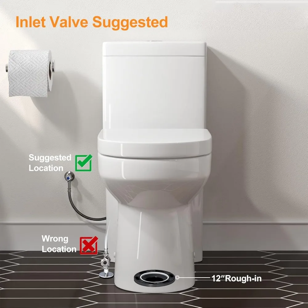 Small Toilet1-Piece Short Compact Bathroom Tiny Mini Commode Water Closet Dual Flush Concealed Trapway, 12'' Rough-in