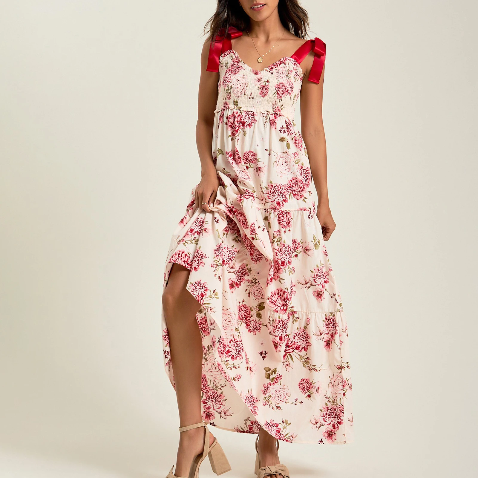 Vestido largo de verano con tirantes finos para mujer, vestido sin mangas con espalda descubierta y estampado de flores