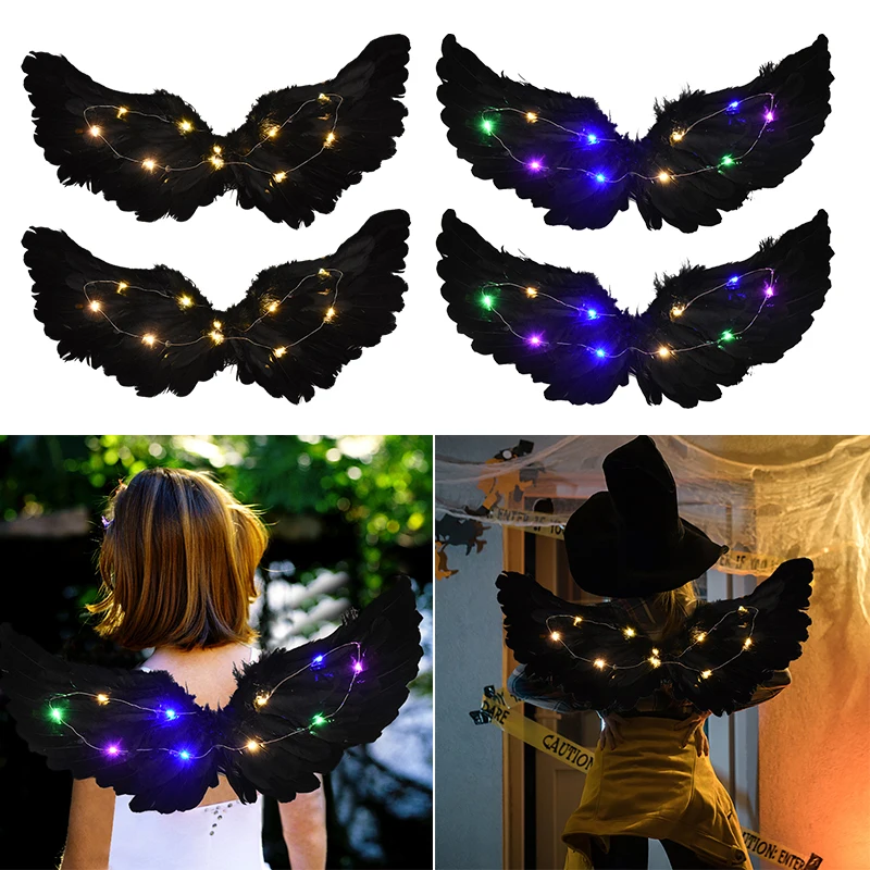 1pc Women Girl Angel Feather Wings With Led Lights Glow Demon Black Wings For Birthday Halloween Party Performance Cosplay Props