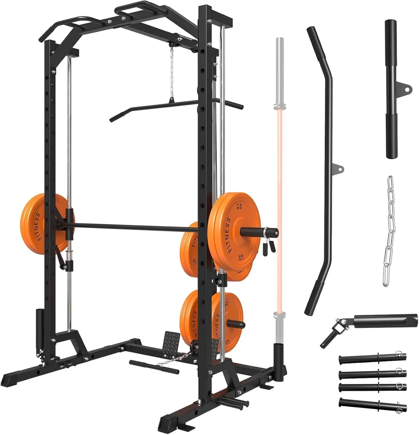 1000LBS Power Cage with LAT Pull Down Pulley System and Cable Row, Multi-Function Squat Rack Cage, More Cab