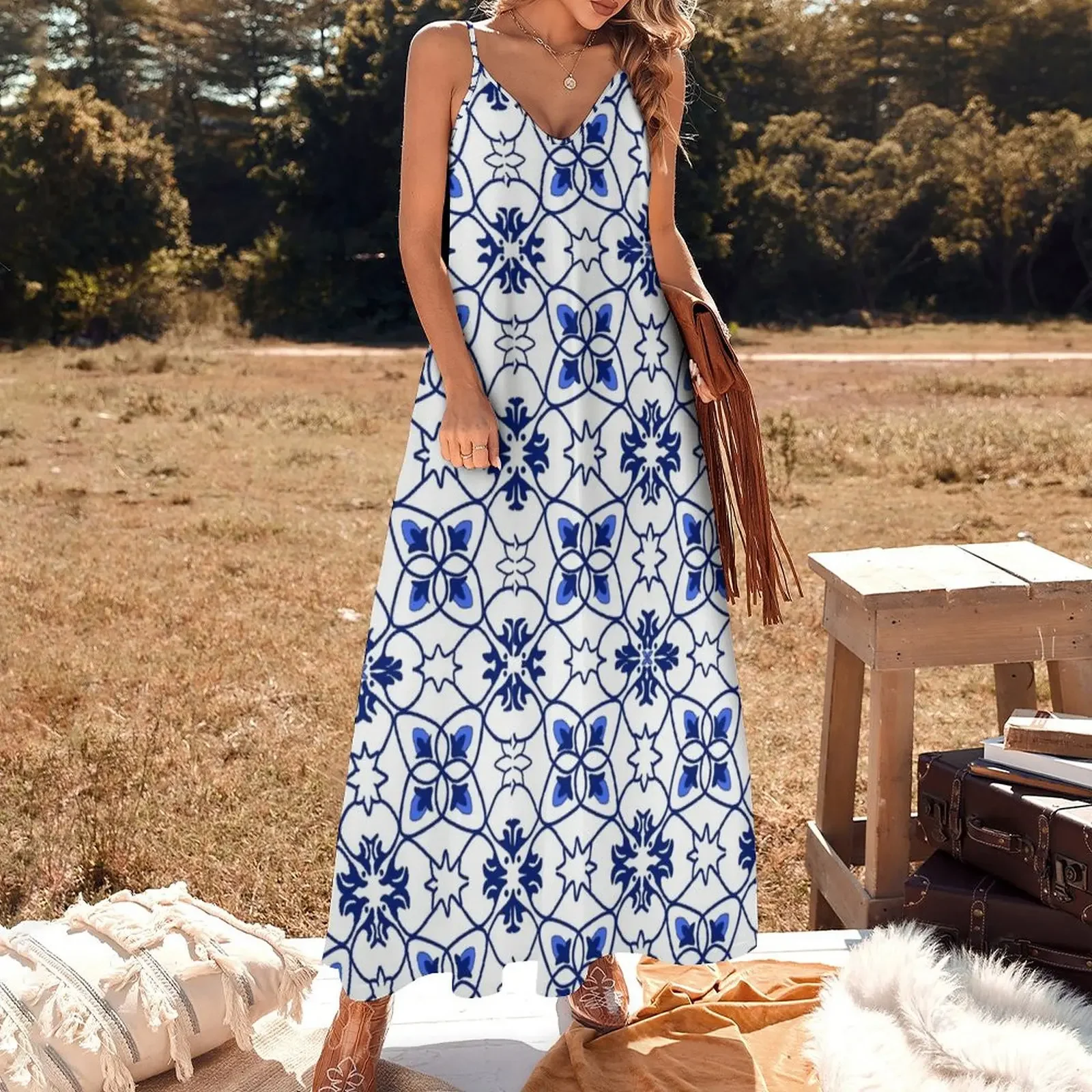 Blue marine portuguese tile pattern - white background Sleeveless Dress summer women's suit Women's evening dress