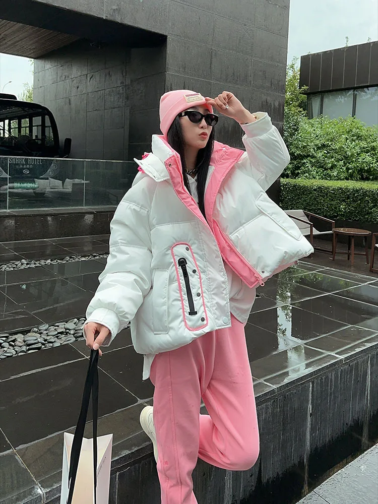 2023 Winter New Contrast Color Short Hooded Down Cotton Coat Women\'s Candy Color Trend Bread Coat Fashion Warm Coat