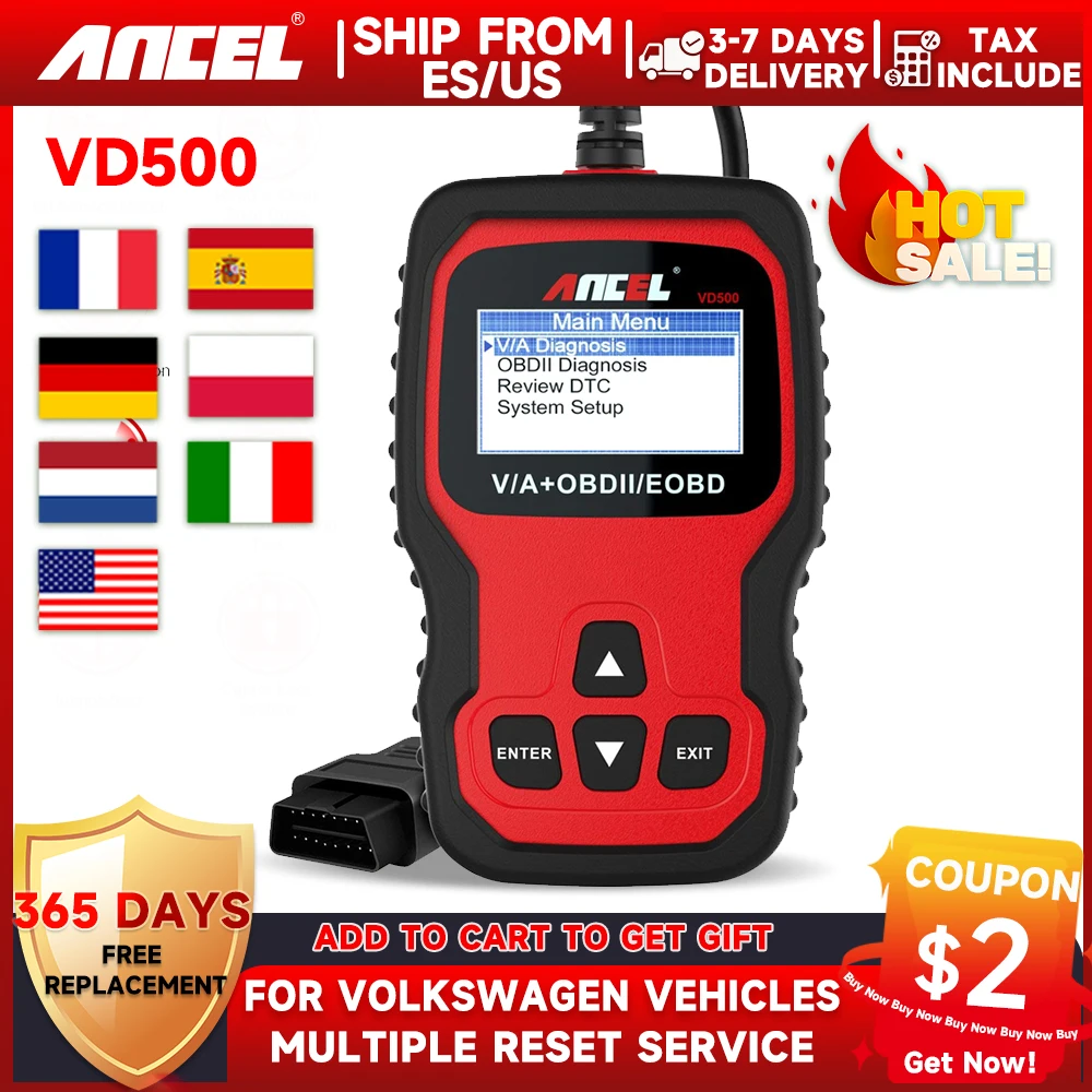 ANCEL VD500 OBD2 Scanner Car Diagnostic Tool Oil Service Reset EPB Brake TP Check Clear DTC SRS for Audi  for VW  for Skoda Seat