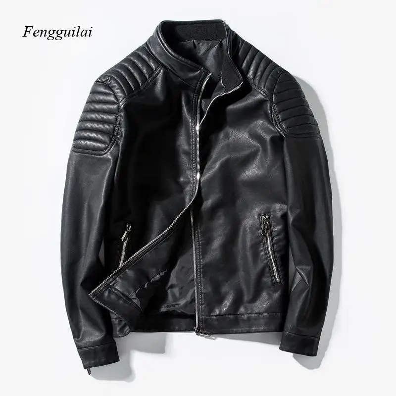 

Мужская черная куртка-косуха из искусственной кожи с утепленными плечами, воротником-стойкой и молнией, для уличного стиля