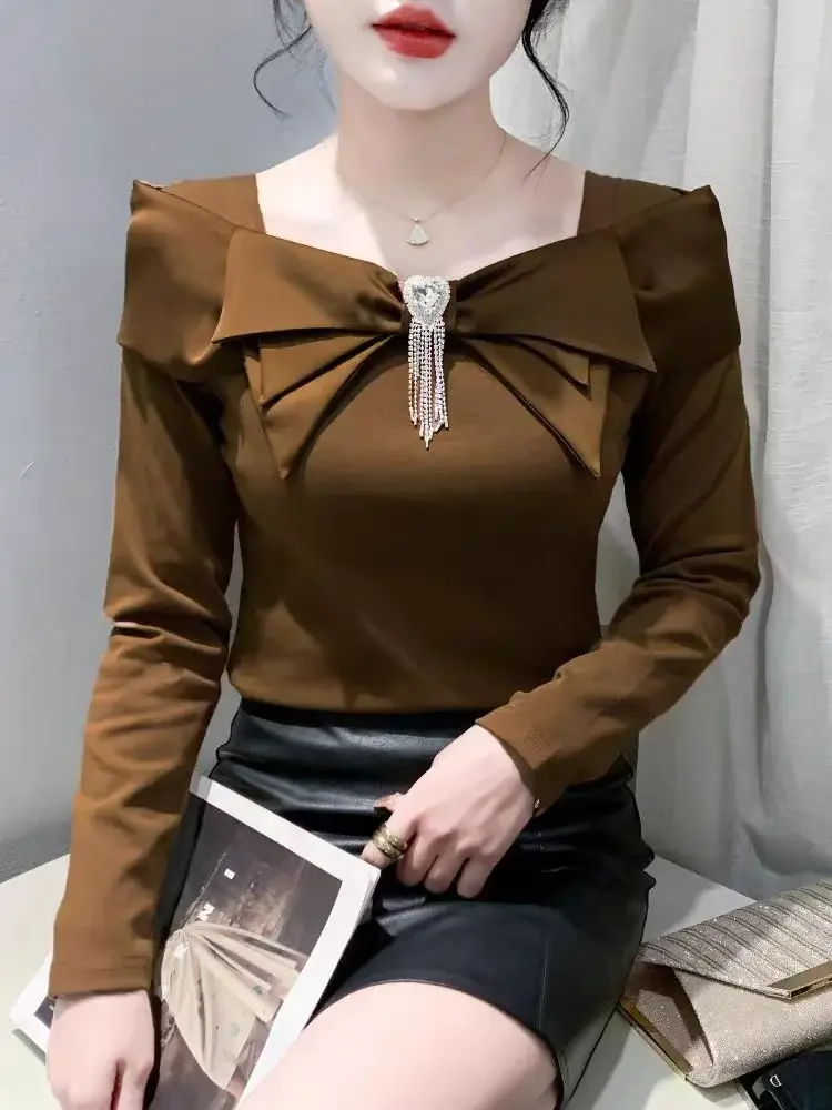 Real Photos Square Collar Cotton TShirt Women Patched Bowknot Full Sleeve Fashion Sweet Slim T-shirts