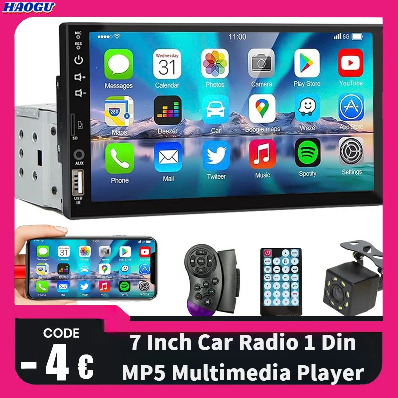 HAOGU 7 Inch Car Radio 1 Din MP5 Multimedia Player Touch Screen FM ISO Power Aux Input Bluetooth USB Mirror Link Universal