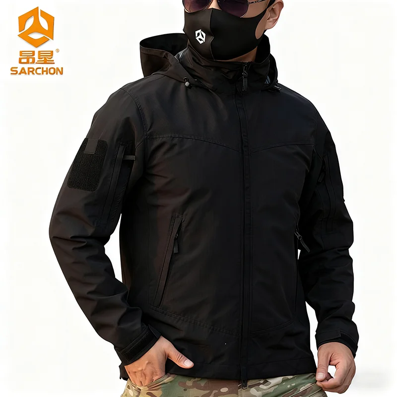 

Men's Outdoor Tactical DE Soft Shell Jacket Wear-resistant and Waterproof Hood Multi-pocket Coat for Spring and Autumn