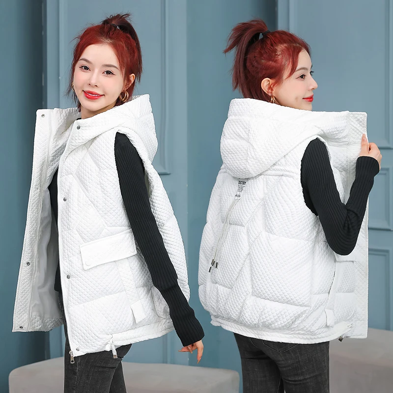 Women Waffle Embossed Hooded Puffer Vest Sleeveless Quilted Padded Waistcoat Loose Gilet  Warm Casual Outerwear Jacket