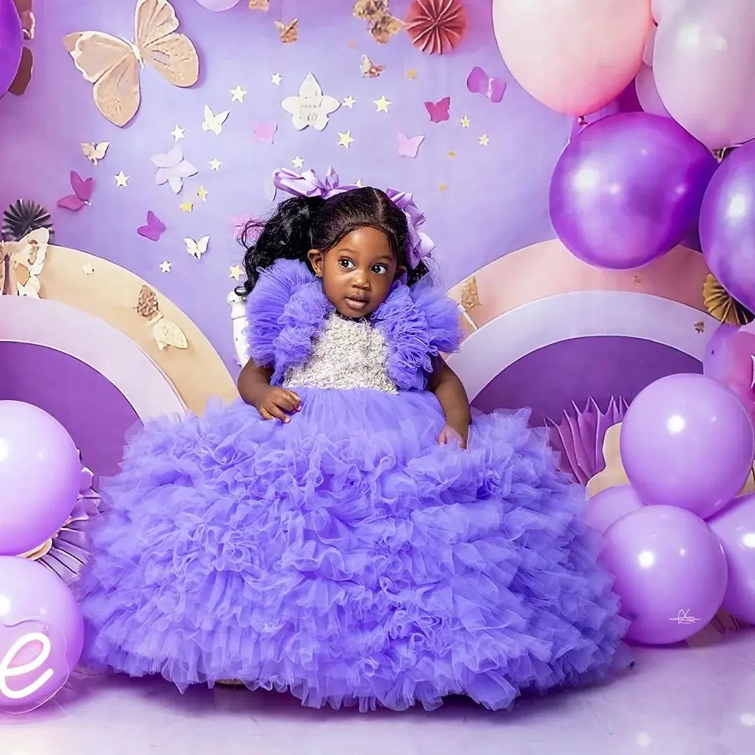 ลาเวนเดอร์สาวชุดวันเกิดที่กําหนดเอง Ruffles Appliqued ชุดเดรสดอกไม้สําหรับงานแต่งงาน Baby Queen Ball Gowns