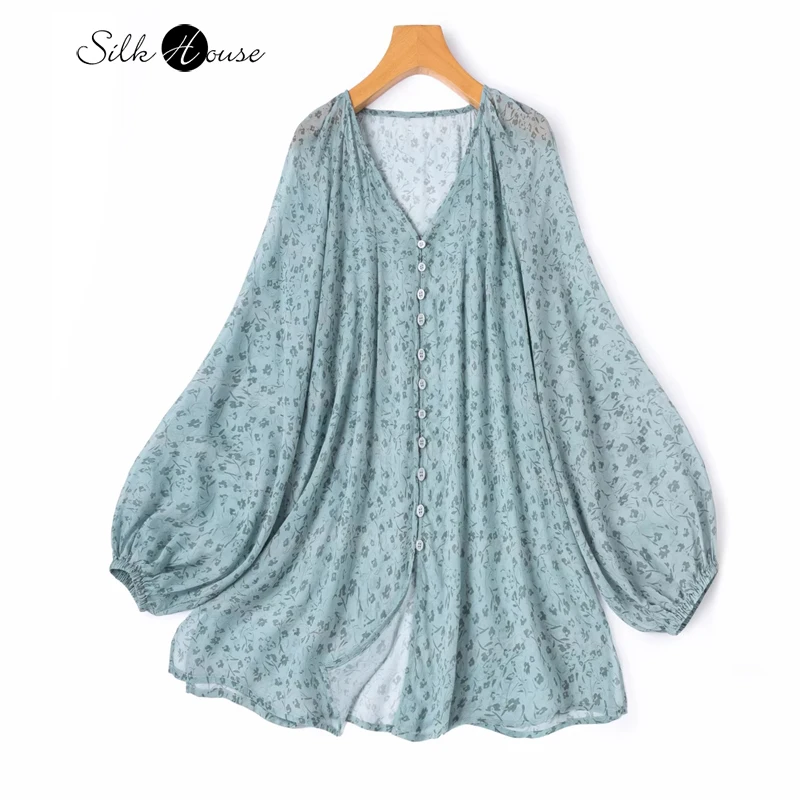 Women's Casual Clothing Semi Transparent 100% Natural Mulberry Silk Georgette Breathable Sunscreen V-neck Raglan Sleeve Top