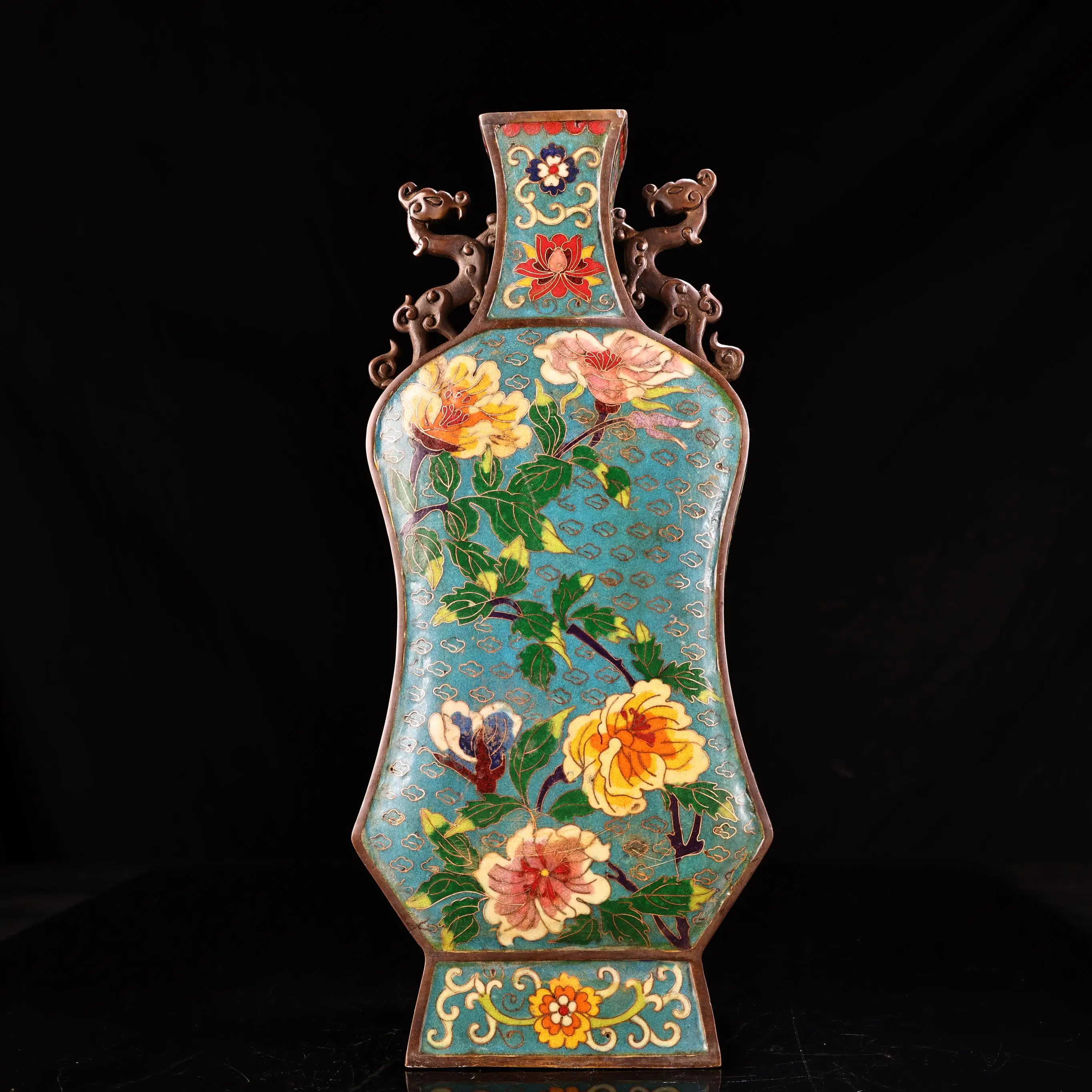 

15"Xizang Folk Old Bronze Cloisonne Enamel floral pattern Gourd shaped bottle Pixiu Ear Vase Amass wealth Ornaments Town house