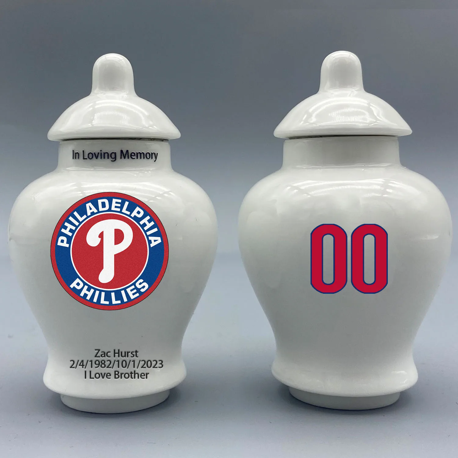 Mini Urn for Philadelphia Phillies-Baseball themed.Please send me the customization information-name/date and number on the urn