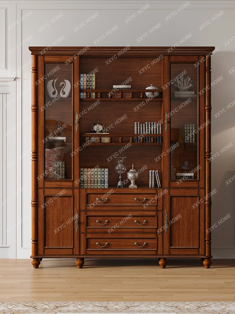 American-Style Solid Wood Bookcase with Glass Door Cabinet Household Locker Living Room Multifunctional Bookcase Wall Display