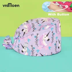 with button Sweatband Cartoon Printing Nursing Caps Scrub Cap Adjustable Unisex Printing Cotton Scrub Hat Beauty Salon Work Caps