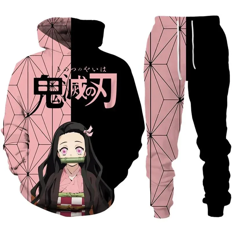 Anime Demon Slayer Hoodie 3Dพิมพ์คอสเพลย์กางเกงHoodie 2PCSชุดTracksuitผู้ชายOversize Vintage Streetwear Hoodieกางเกงเด็กชุด