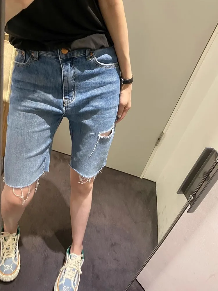 

Retro Korean Style Blue Five Hole Denim Shorts Women's Summer Thin High Waist Slim Fit Straight Riding mid Length Pants