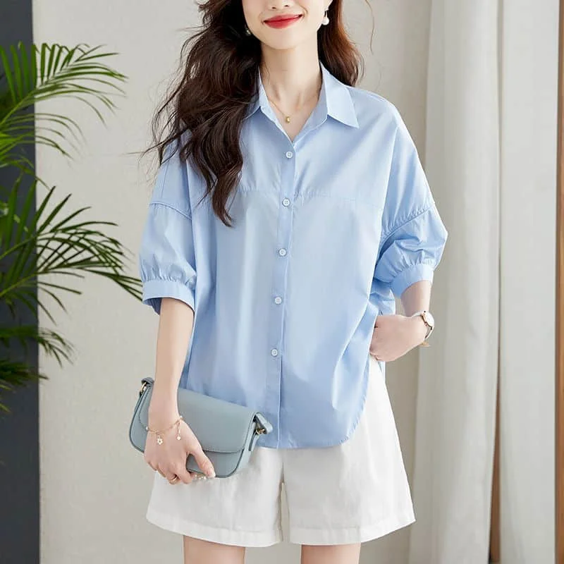 

Shirts for Women Vintage Short Sleeve Solid Cardigans Polo-neck Casual Single Breasted Korean Style One-piece Blouse Women Tops