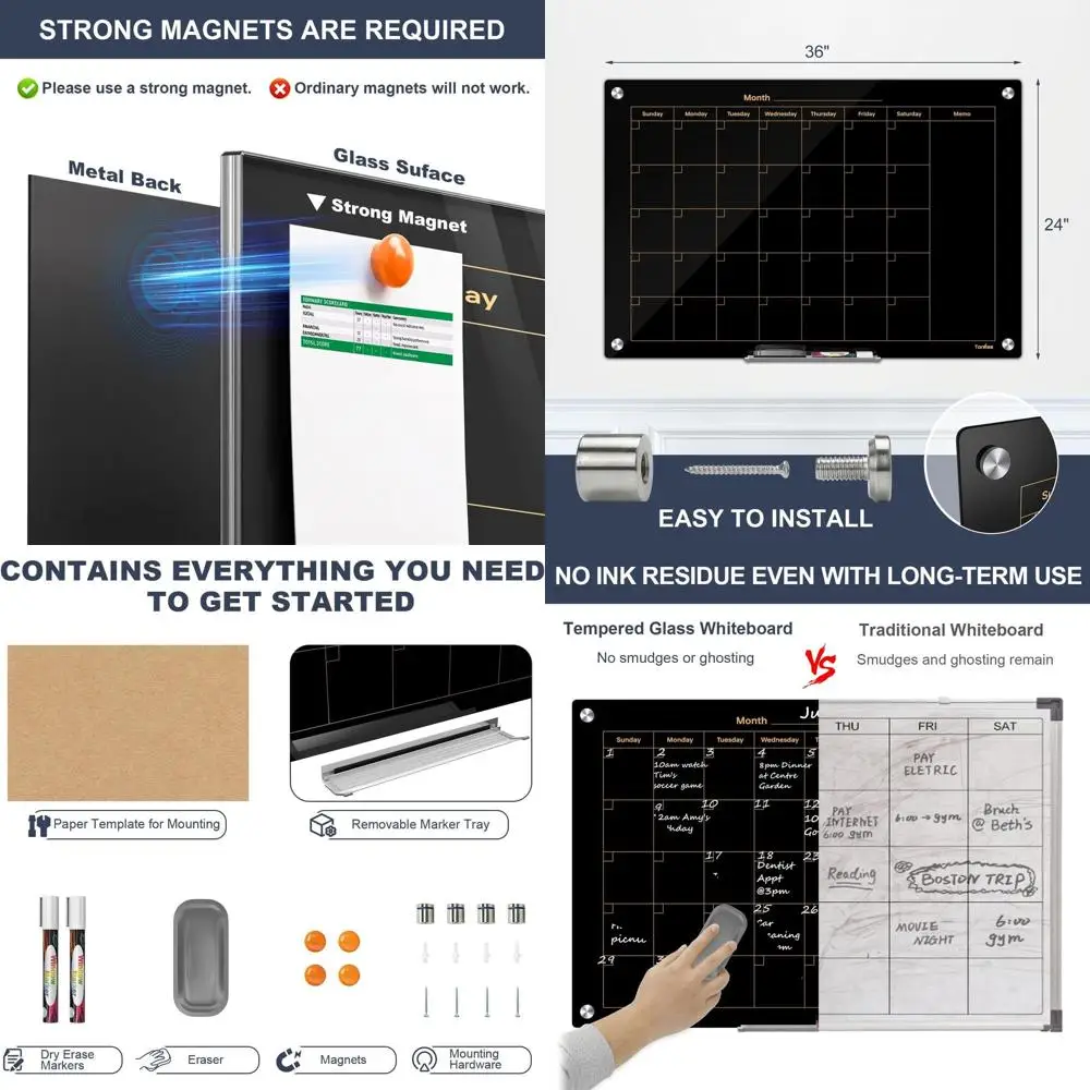 

Large 36x24 Magnetic Glass Whiteboard, Monthly Calendar Wall Board for Home, Office, School, and Kitchen