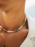 Vintage Charm Green Zircon Inlaid Imitation Pearl Necklace for Men's Casual Jewelry
