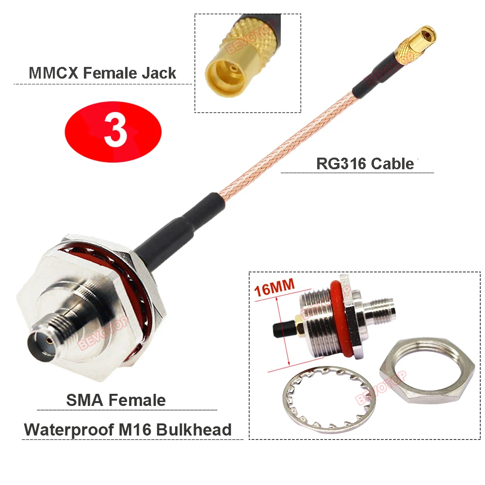 1PCS SMA to MMCX RG316 Cable Waterproof M16 SMA / RP-SMA Female to MMCX Male/ Female Connector RF Coax Extension Jumper BEVOTOP