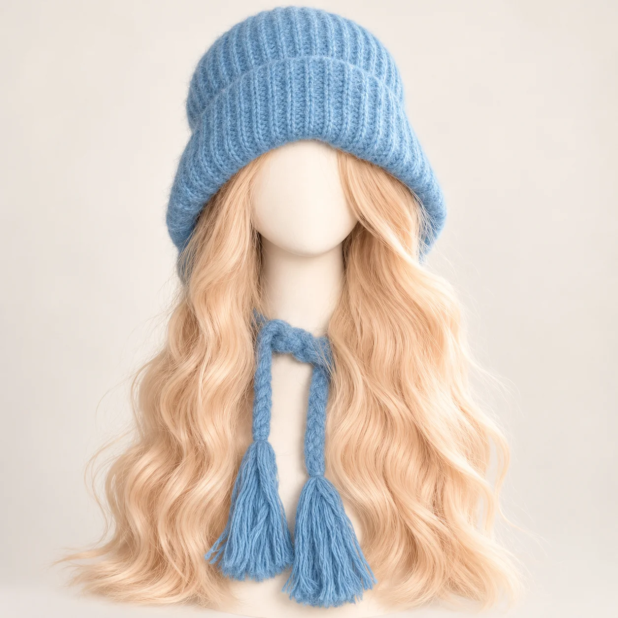 Knitted Beanie Hat Wig with Long Wavy Hair for Women, Earflap Cap with Braided Tassels for Winter Everyday Wear