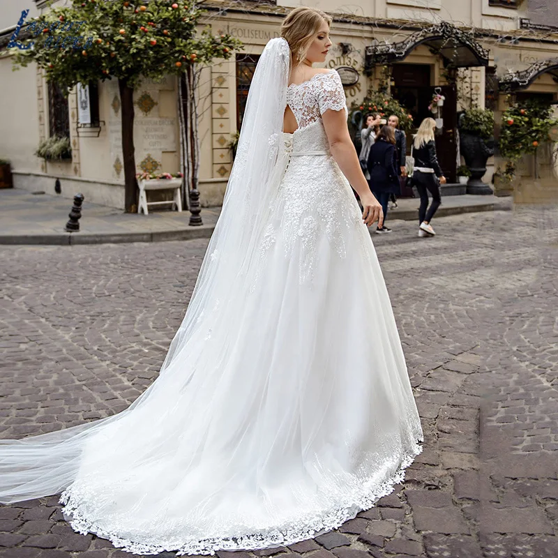 NICEB-vestidos De Novia elegantes con apliques De encaje, Vestido De Novia De manga corta con cuello De barco, talla grande