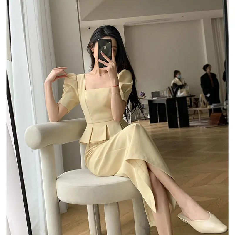 Summer New Women Large Size Corset Hepburn Style Fake Two Pieces Square Neck Short Sleeve Solid Color Light Ripening Long Dress