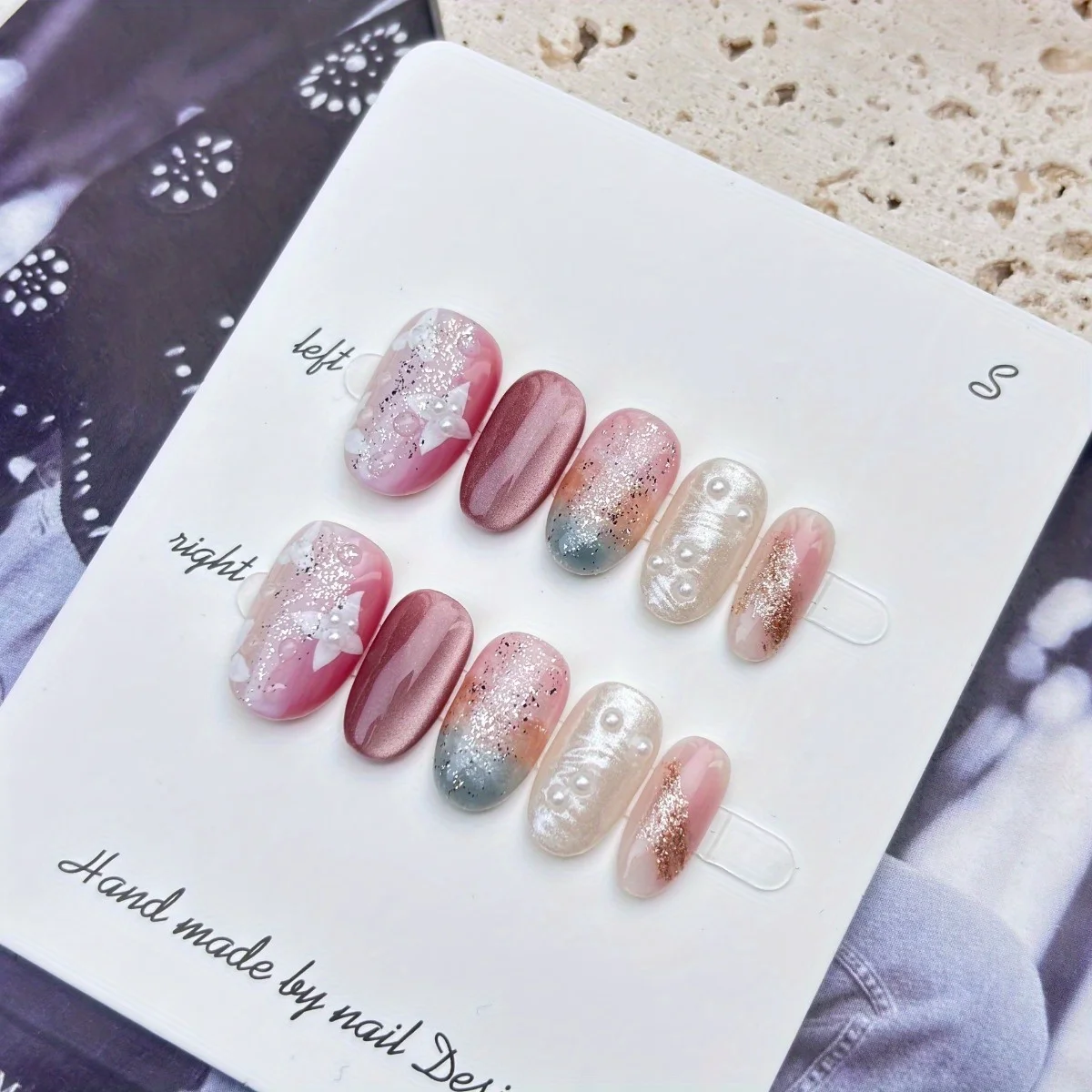 

10Pcs Short Oval-shaped False Nails, With Pink And Blue Blend Effect, Hand-painted Petals, And Pearl Decoration Nail Supplies