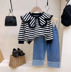 New Spring Children's Wear Girl's Stripe Long sleeved Top Casual Sports Wear 3-8 Year Old Girl's T-shirt and Jeans Set