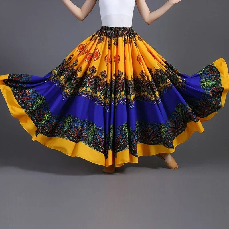 Spódnice do tańca flamenco i corridy dla kobiet, obrót o 720 stopni, klasyczny taniec etniczny, charakterystyczny nadruk, duża spódnica do występów.