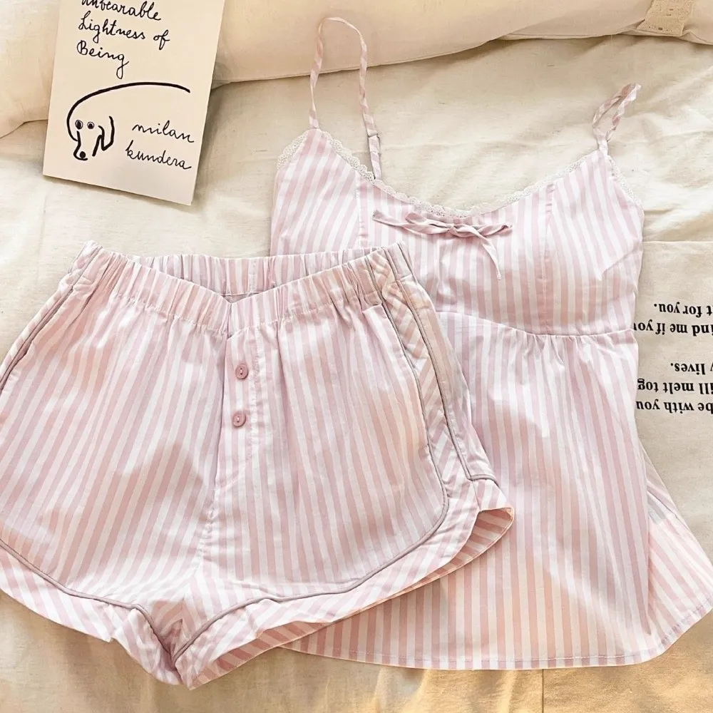 

New Sweet Bowknot Pajamas Set Loose Fit Sleeveless Two Pieces Pajama Spaghetti Strap Sleepwear Set Nightwear