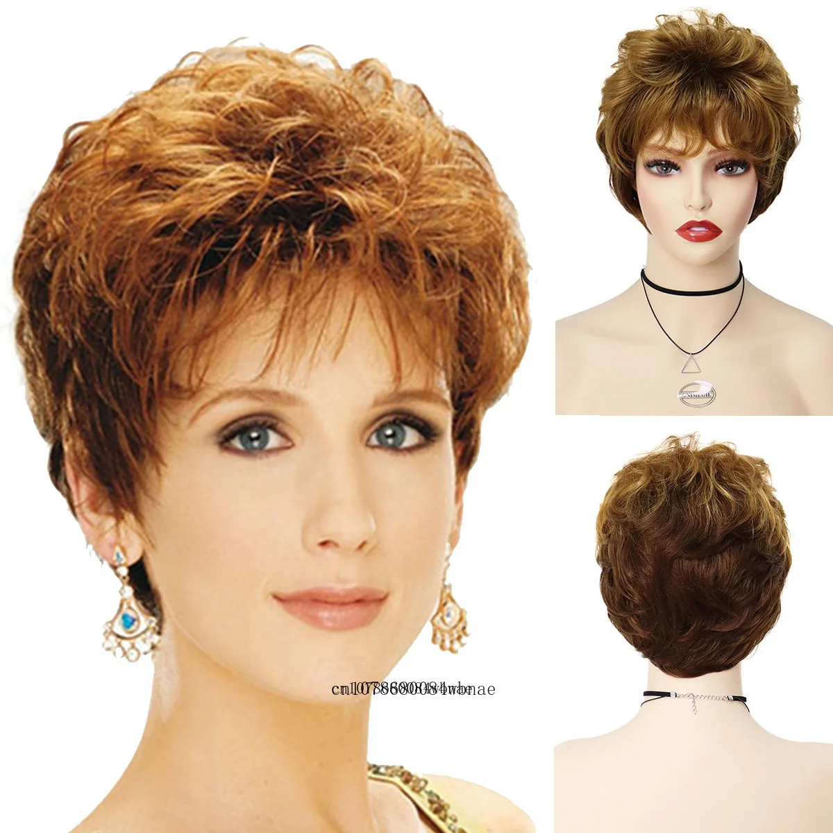 Short Golden Brown Wig Synthetic Hair Pixie Cut Curly Layered Wigs with Bangs Natural Heat Resistant Daily Cosplay Costume Party