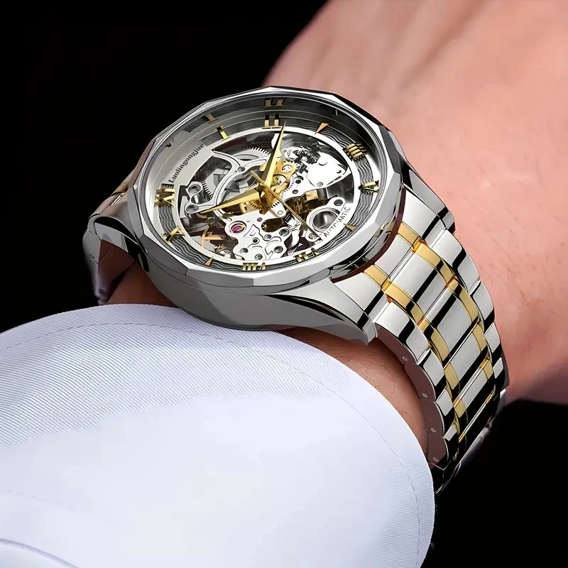 

Cool Genuine Hollow Fully Automatic Mechanical Watch Men's Steel Band Fashion Tourbillon Transparent Handsome Watch for Young Men and Students, High-End Business Casual Versatile Men's Watch, Hollow Design, Gift Choice Gift, No Battery Required