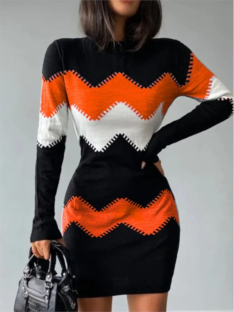 

Autumn Winter Women Fashion Print Slim Knitt Dress Female Long-sleeve O-neck Elegant Bodycon Package Hips Mini Dresses Vestidos