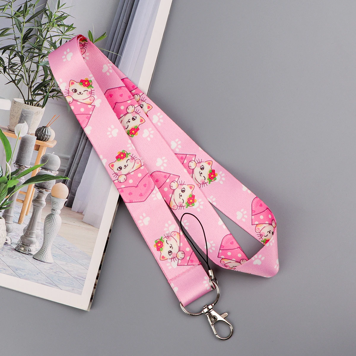 Pink Cat Mobile Phone Lanyard Card Holder Key Lanyard ID Card Cover Badge Holder Business Phone Key Lanyard Neck Strap Keychain